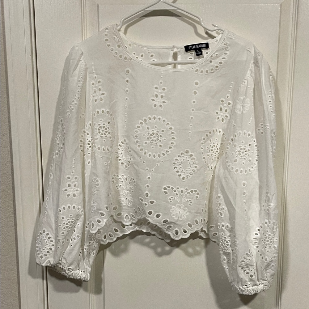 Steve Madden White Eyelet Embroidered Cropped Blouse